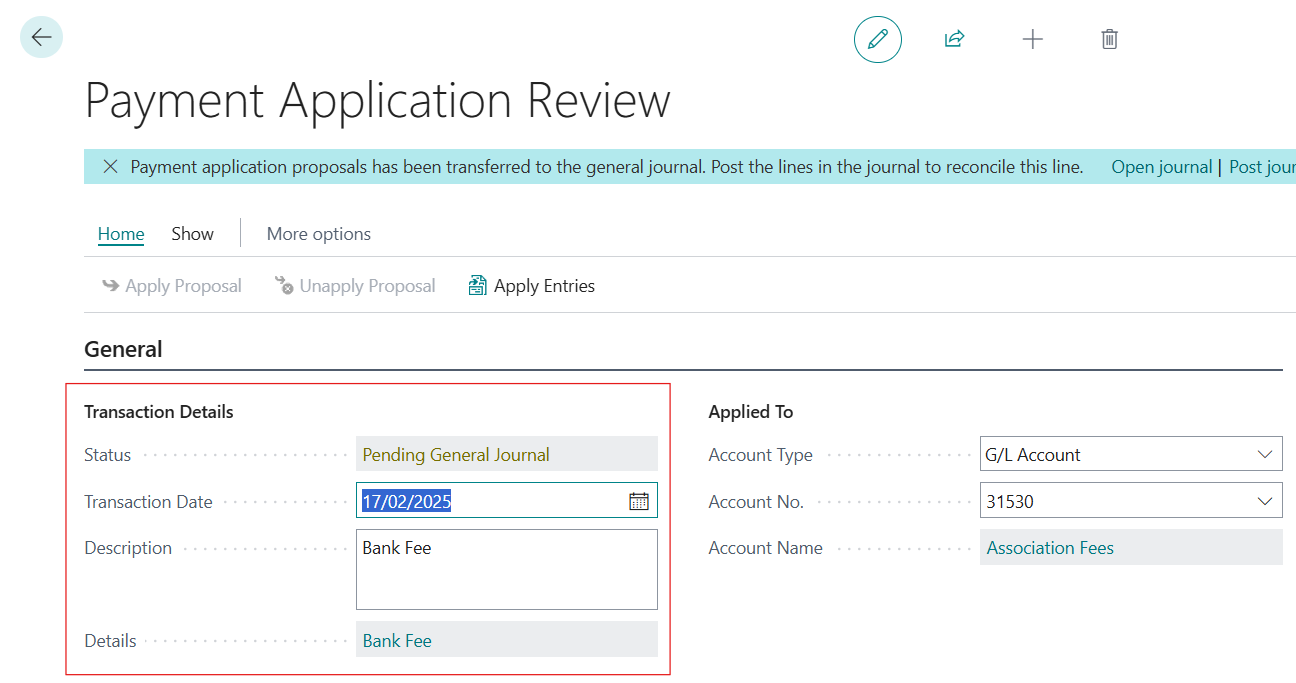 Transaction details section on the Payment Application Review page