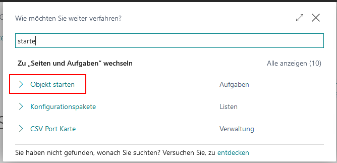 Objekt starten in der Suche