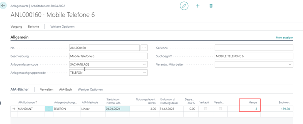 Menge in Anlagenkarte