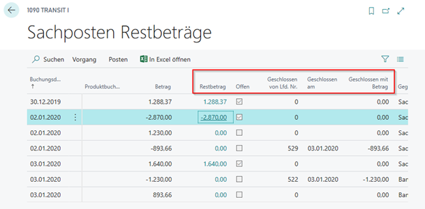 Posten inkl. Restbetrag | neue Felder