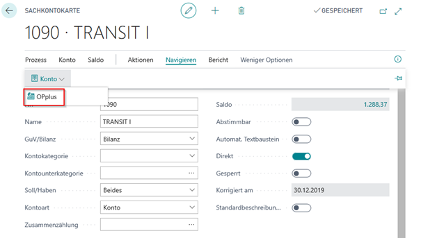 OPplus Button in Sachkontokarte