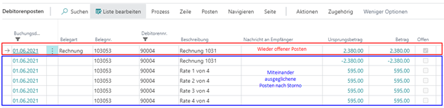 Posten nach Storno