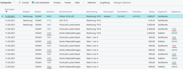 Sachposten mit Ratenplan