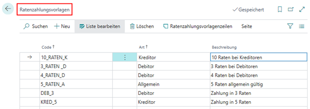 Übersicht Ratenvorlagen