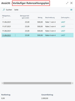 Vorläufiger Ratenzahlungsplan Ansicht