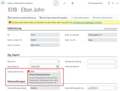 Fehler Zahlungsformcode Gegenkonto