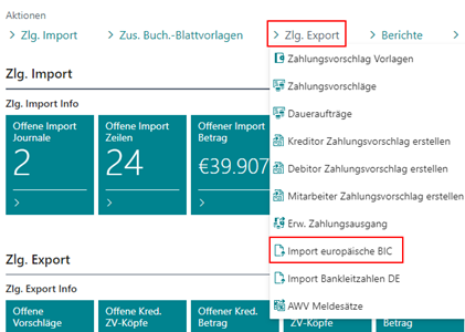 Import Europäische BIC Menü