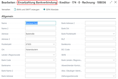 Bearbeitung Einzelzahlung Bankverbindung