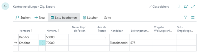 Kontoeinstellungen Zlg. Export