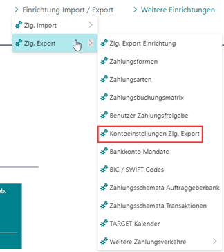 Kontoeinstellungen Zlg. Export Aufruf