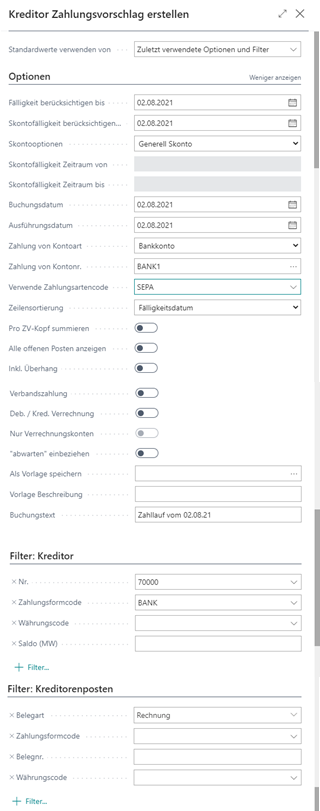 Kreditor Zahlungsvorschlag RequestPage