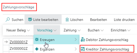 Kreditor Zahlungsvorschlag Übersicht