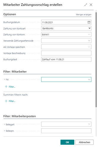 Mitarbeiter Zahlungsvorschlag erstellen RequestPage