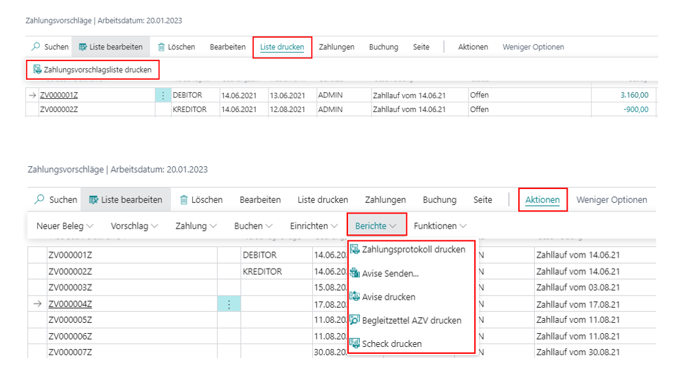 Zahlungsvorschlag Berichte