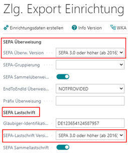 SEPA Einrichtung Zlg. Export Einrichtung