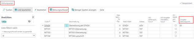 Weisungsschlüssel Setup