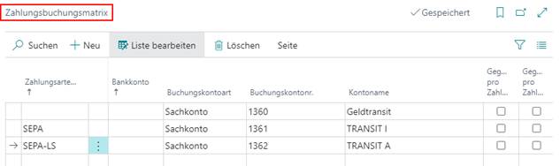 Zahlungsbuchungsmatrix