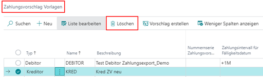 Zahlungsvorschlagvorlagen Löschen