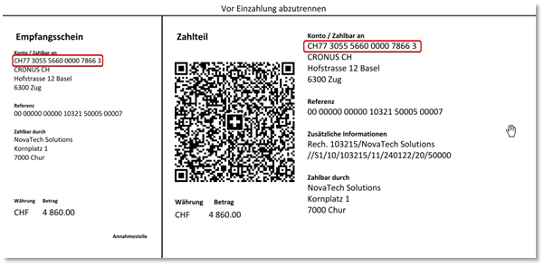 Inhalte Bankkonto im QR Druck