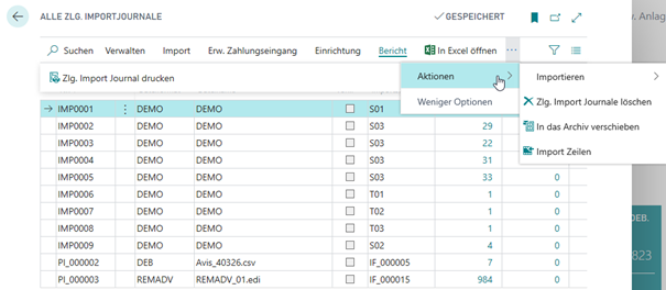 Aktionen in den Importjournalen