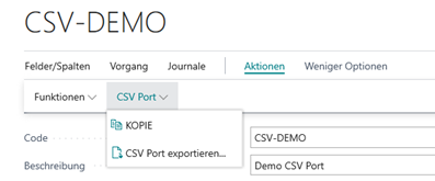 Menü Aktion -> CSV Port