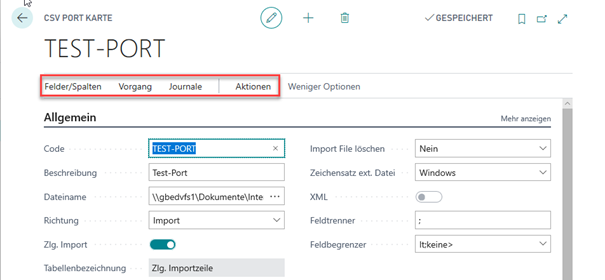 CSV Port Karte Menüleiste