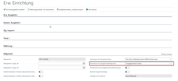 Einrichtung Dimension für Ausgleichsdetailposten