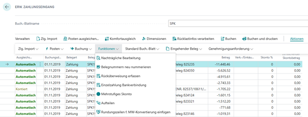 Untermenü Aktionen, Funktionen