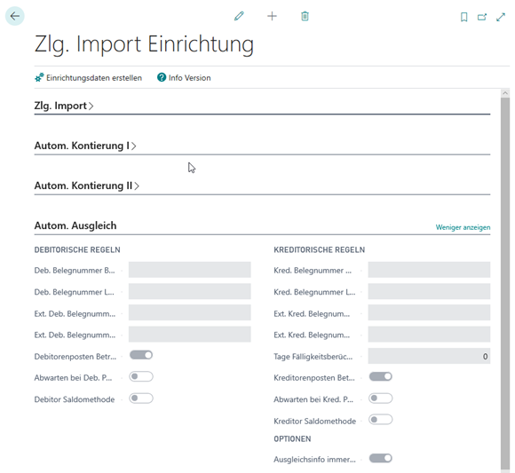 Zlg. Import Setup Register Autom. Ausgleich