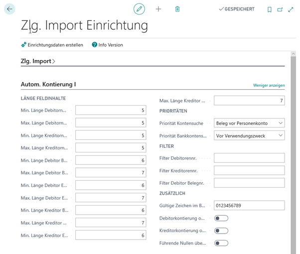 Zlg. Import Setup Register Autom. Kontierung I