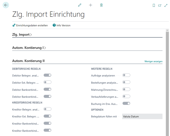 Zlg. Import Setup Register Autom. Kontierung II