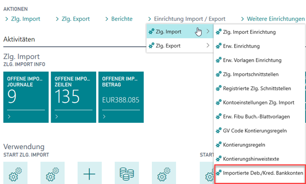 Importierte Bankkonten Rollencenter