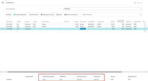 Saldeninformationen Kassenbuch
