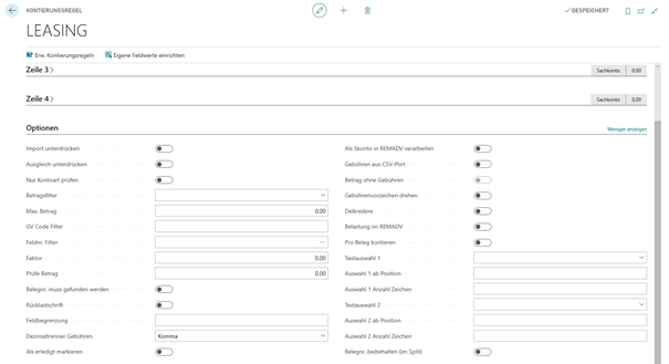 Kontierungsregel Register Optionen