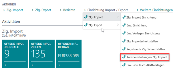 Kontoeinstellungen Zlg. Import Rollencenter