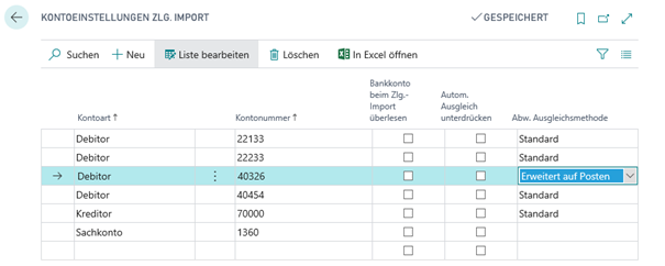 Kontoeinstellungen Zlg. Import