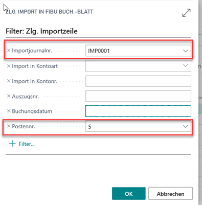 Filter beim Zlg. Import