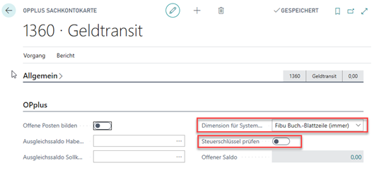 OPplus Felder im Sachkonto