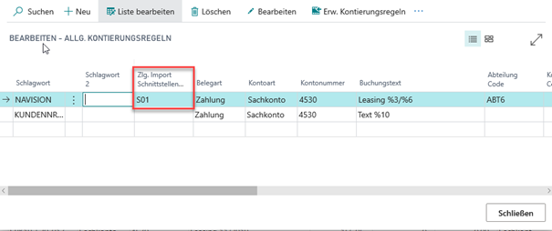 Schnittstelle in Kontierungsregel