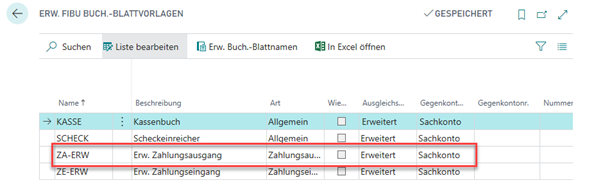 Buchblattvorlage für Zahlungsexport