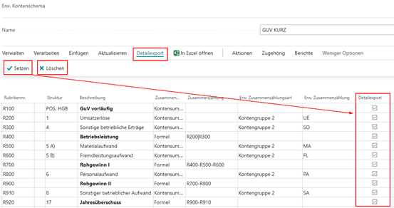 Detailexport Setzen / Löschen