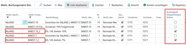 Buchungsart drehen - Einrichtung