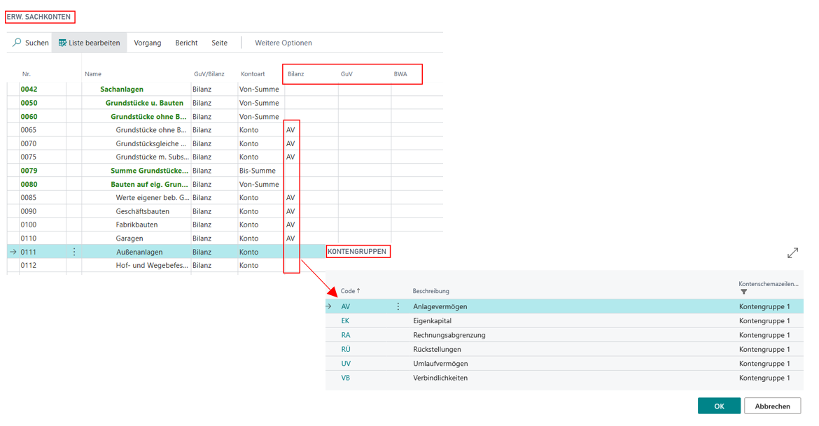 Kontengruppen in Erw. Sachkonten