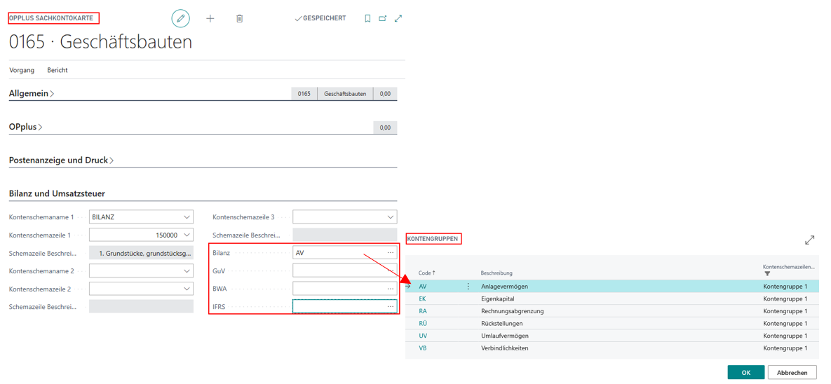Kontengruppen in Sachkontokarte