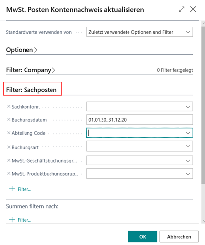 Filter in MwSt. Kontennachweis akt.