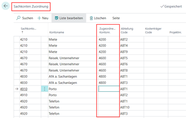 Sachkonten - Zuordnung