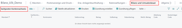 Sachposten Kontennachweis im Menü