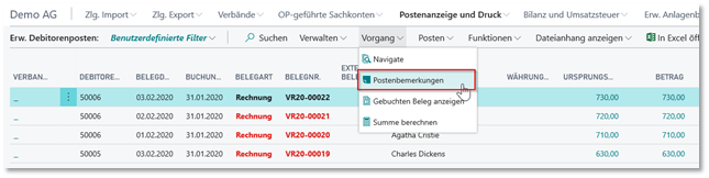 Aufruf Postenbemerkungen Debitoren