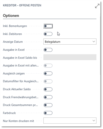 Kreditor - Offene Posten Optionen