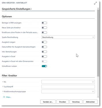 Kreditor Kontoblatt - Optionen